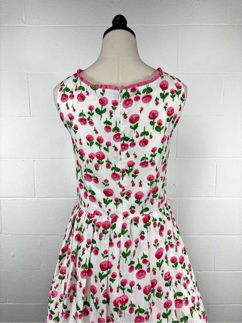 Vintage 90s Pink Rose Floral Fit Flare Day Dress Cotton Ruffle Trim Tradwife 14 - Picture 9 of 14